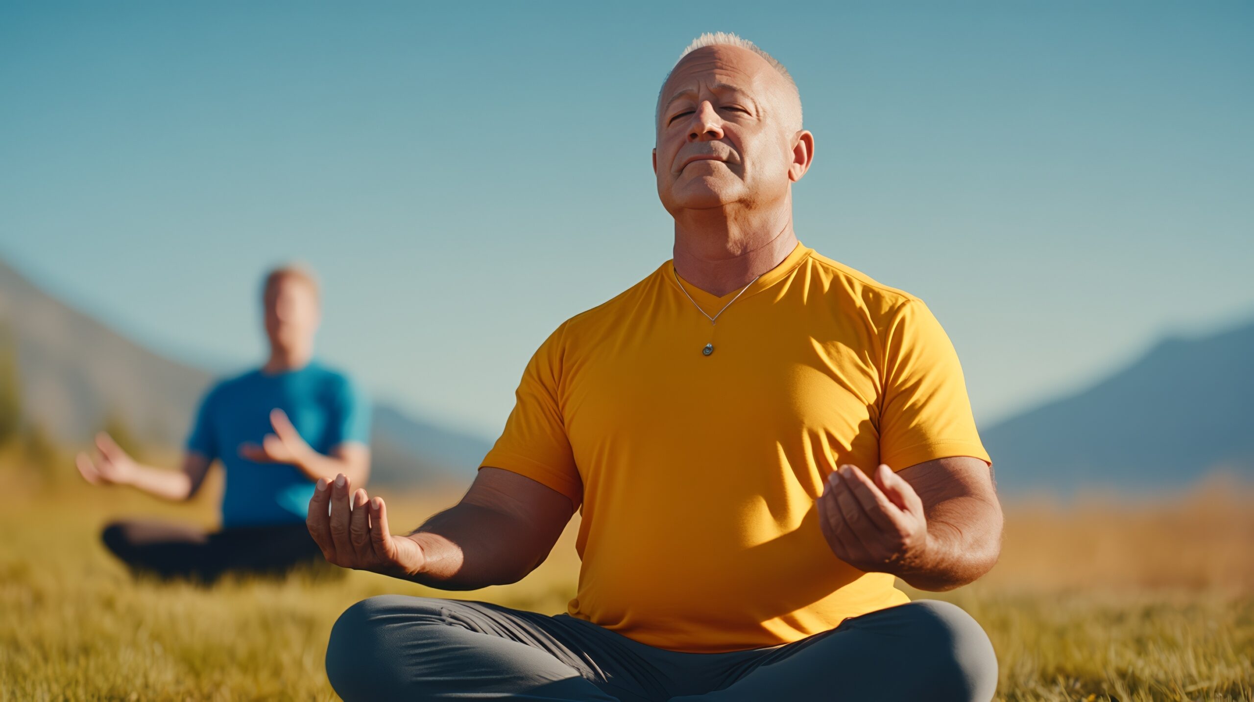 Two men meditating outdoors in a peaceful natural setting under a clear blue sky.